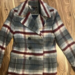 Tommy Hilfiger Gray and Red Pea Coat Classic Design